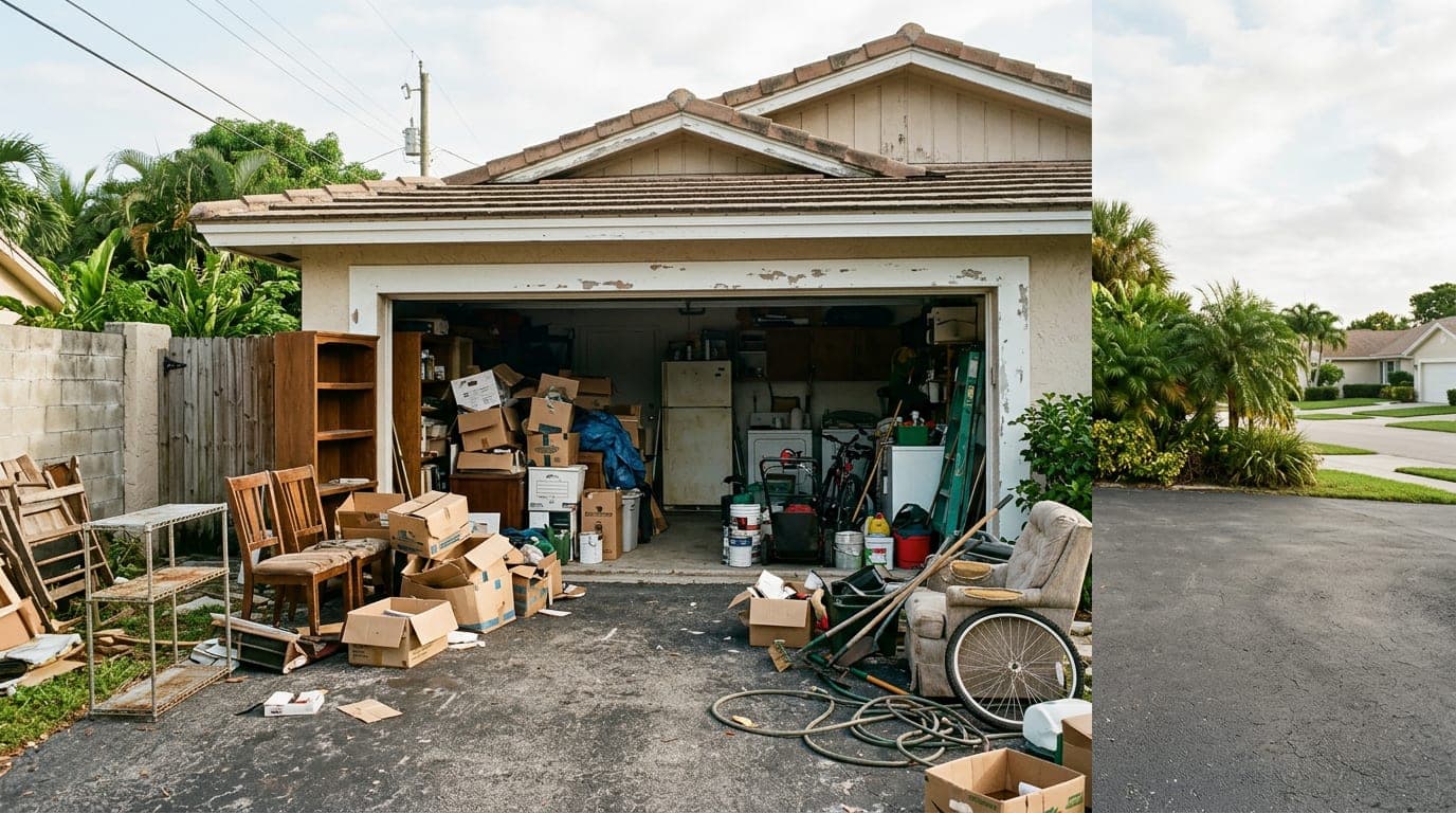 A cluttered residential driveway and garage full of old furniture, boxes, and junk waiting to be removed.